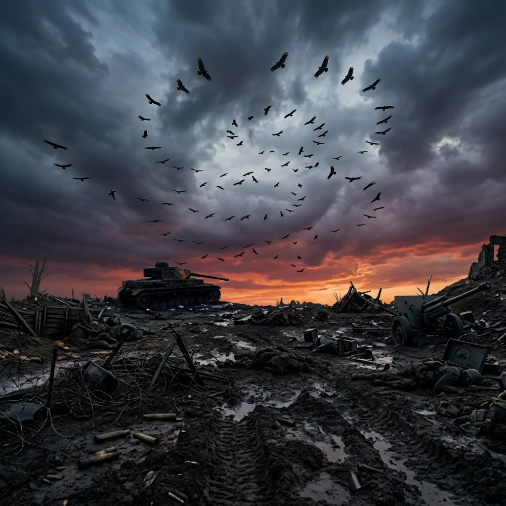 Desolate battlefield with destroyed tanks, shell casings, barbed wire, and ruins under a cloudy dusk sky