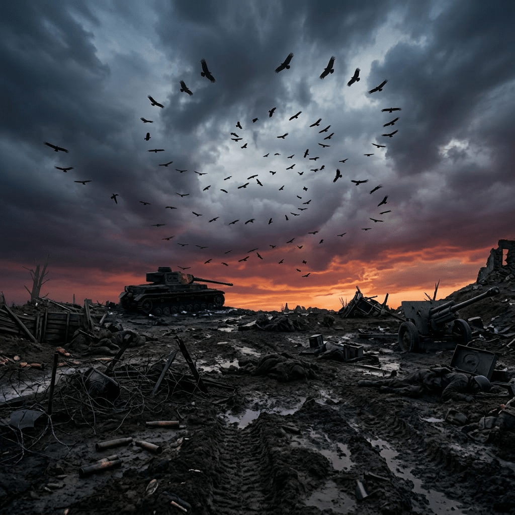 Desolate battlefield with destroyed tanks, shell casings, barbed wire, and ruins under a cloudy dusk sky