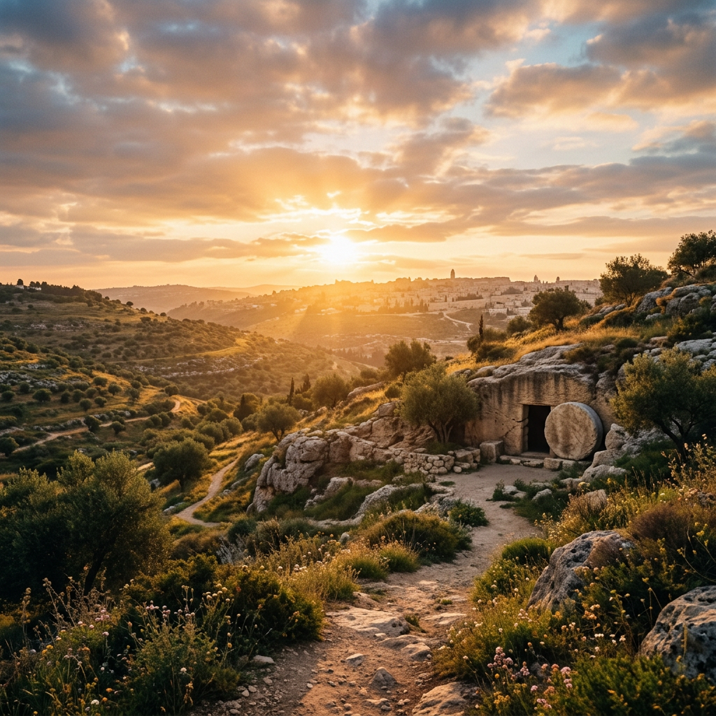 Ancient stone shelter overlooking a valley at sunset