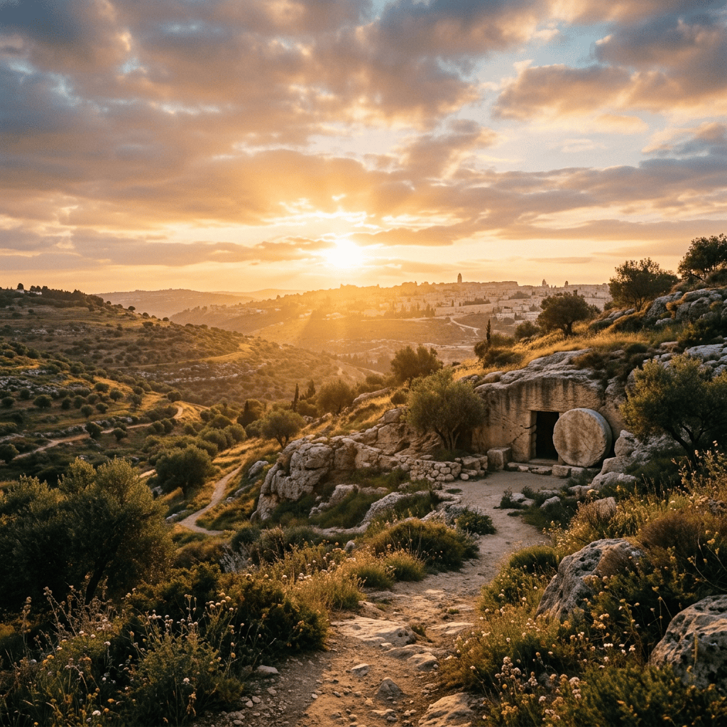 Ancient stone shelter overlooking a valley at sunset